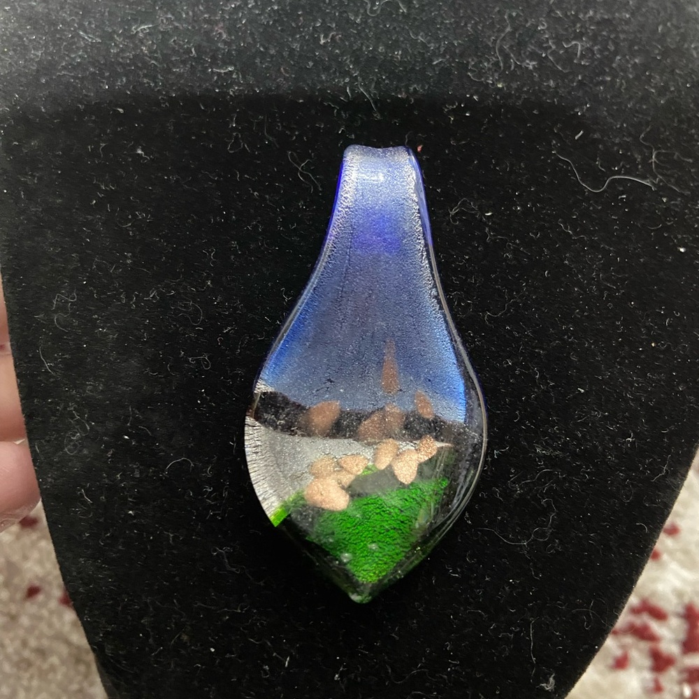Art Glass Pendant.  Blue, Green, Black, Silverr Tone and Copper Tone